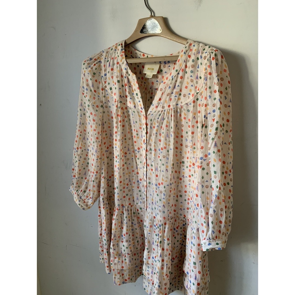 Maeve Womens Shirt Small Boho Tiered Geometric Cottage Button Up Tunic Peasant - Picture 2 of 8